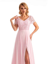 Elegant Side Slit Chiffon Short Sleeves A-line Long Mother of the Brides Dresses
