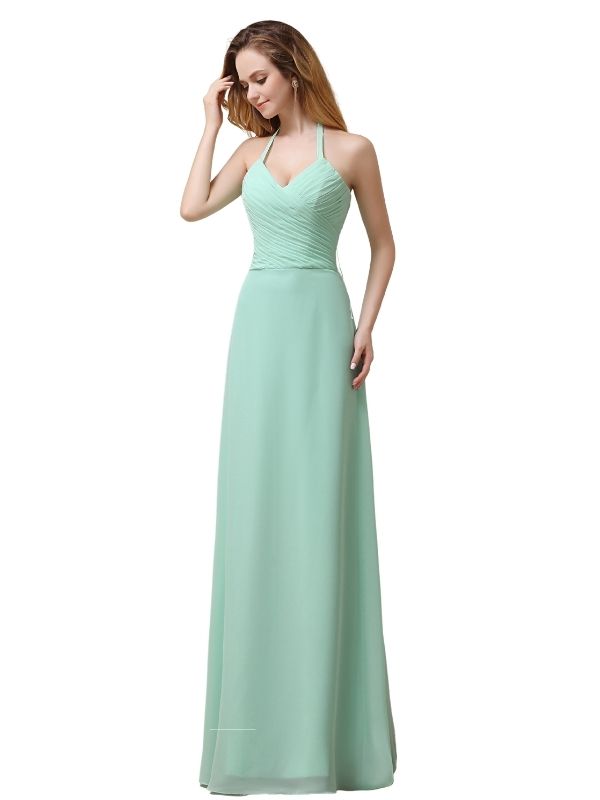 Halter Chiffon A-line Sleeveless Floor-Length Long Bridesmaid Dresses