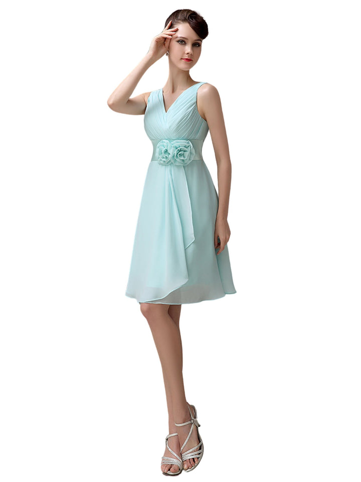 Cheap A-line Chiffon V-Neck Sleeveless Short Bridesmaid Dresses