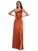 Simple Soft Satin Side Slit One Shoulder Long African Bridesmaid Dresses Online
