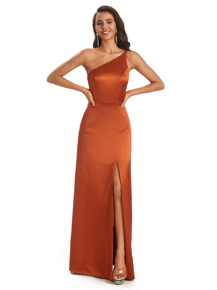 Simple Soft Satin Side Slit One Shoulder Long African Bridesmaid Dresses Online