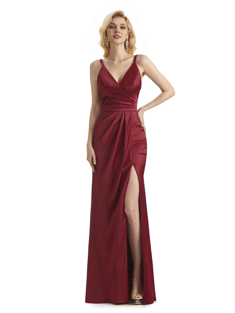 Sexy Silky Spaghetti Straps Side Slit Satin Long Wedding Guest Dresses Online