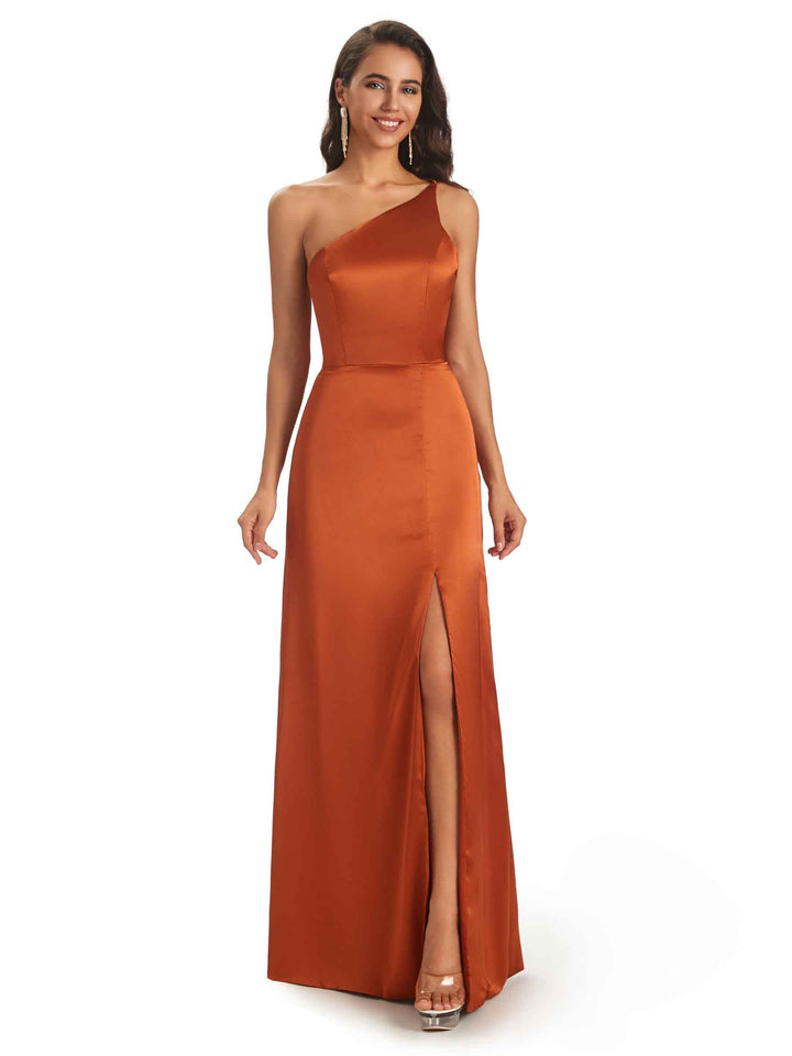 Simple One Shoulder Satin Prom Dresses With Slit Online