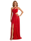 Red Sparkly Sequin One Shoulder Side Slit Long Formal Prom Dresses Online