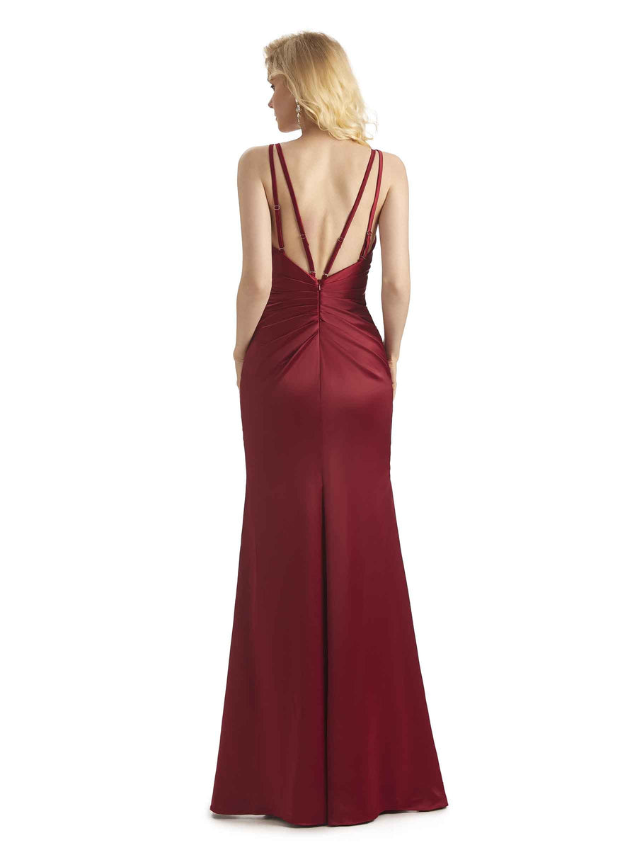 Sexy Silky Spaghetti Straps Side Slit Satin Long Wedding Guest Dresses Online