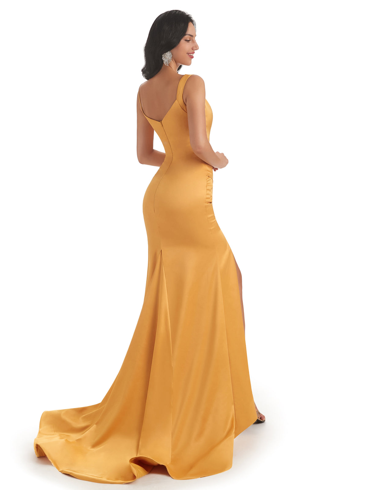 Sexy Soft Satin Side Slit Squre Straps Long Mermaid Bridesmaid Dresses Online
