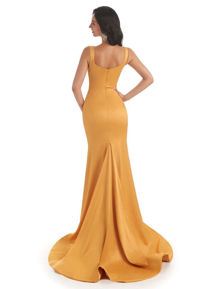 Sexy Soft Satin Side Slit Squre Straps Long Mermaid Bridesmaid Dresses Online