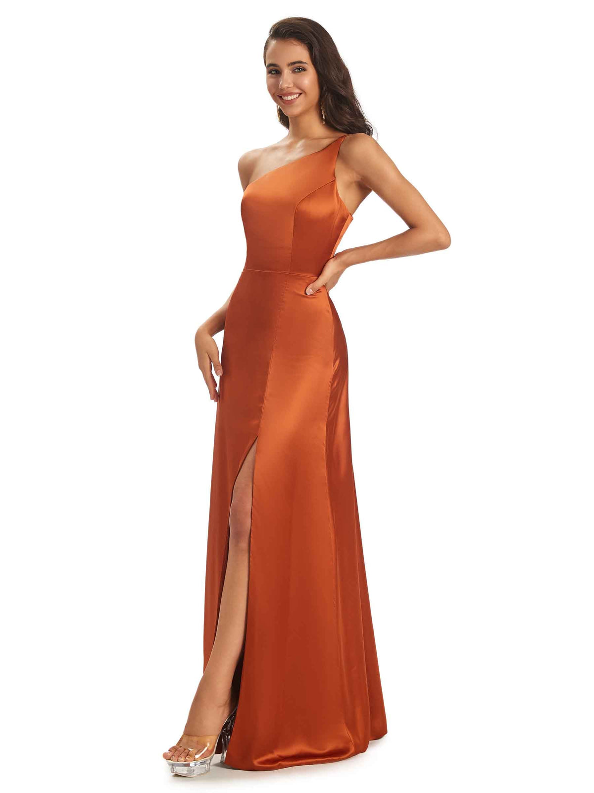 Simple One Shoulder Satin Prom Dresses With Slit Online