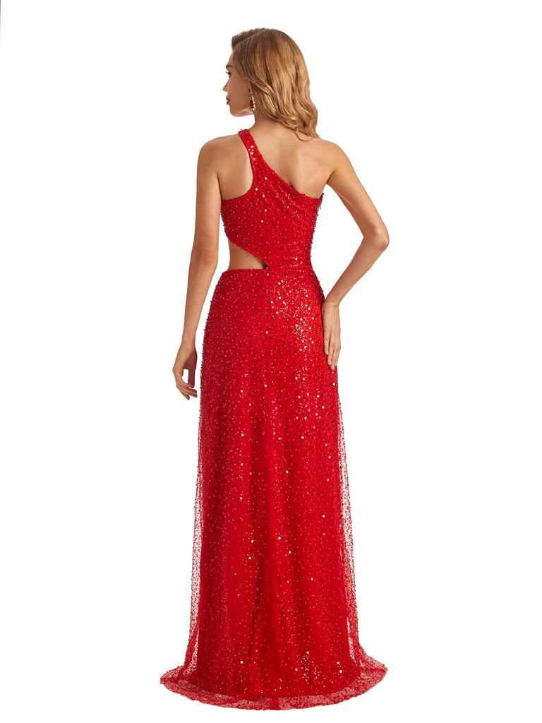 Red Sparkly Sequin One Shoulder Side Slit Long Formal Prom Dresses Online