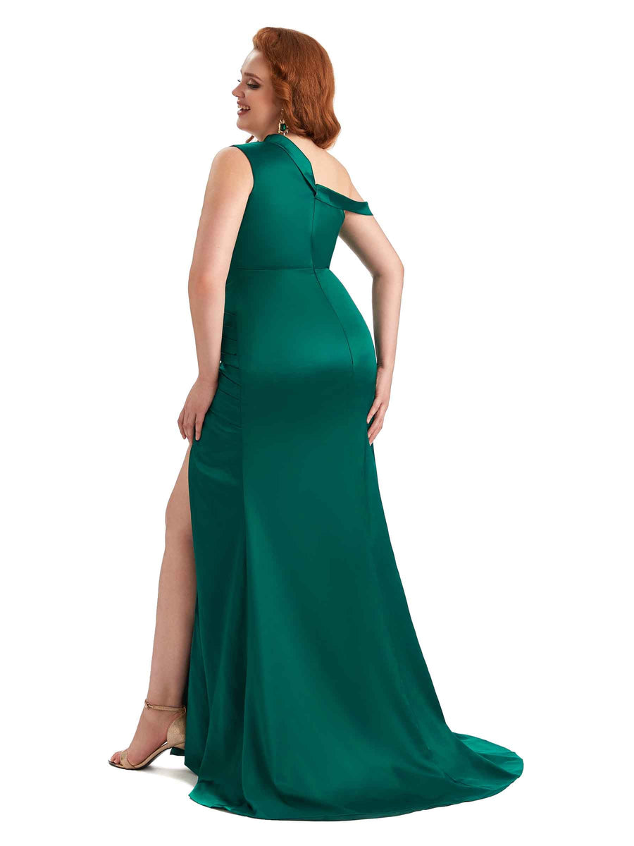 Plus Size Sexy Mermaid One Shoulder Side Slit Soft Satin Long Bridesmaid Dress