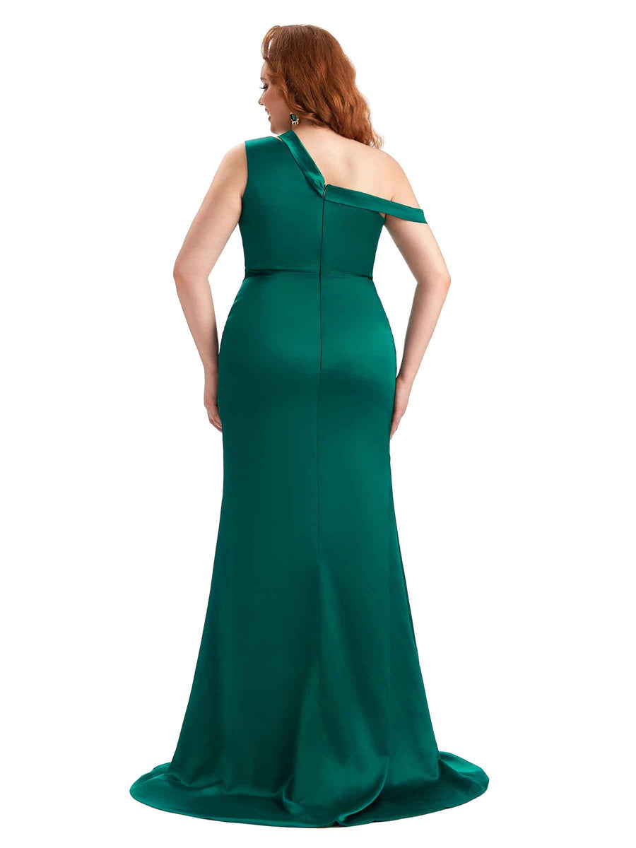 Plus Size Sexy Mermaid One Shoulder Side Slit Soft Satin Long Bridesmaid Dress