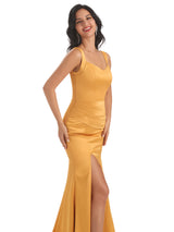 Sexy Soft Satin Side Slit Squre Straps Long Mermaid Bridesmaid Dresses Online