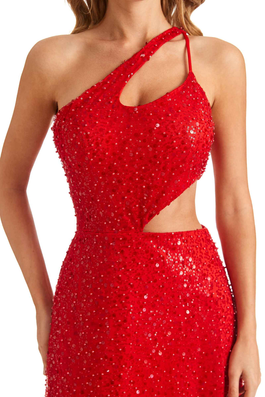 Red Sparkly Sequin One Shoulder Side Slit Long Formal Prom Dresses Online