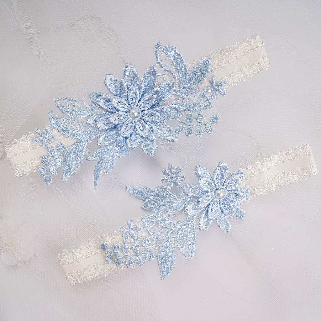 Lace Blue Pearl Bridal Garter with Light Blue Diamonds Wedding Bridal  Garters Lace Stretch Floral Belt Leg Ring Set Gift for Bride 