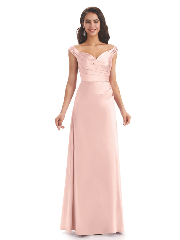 Elegant Soft Satin V-neck Long Wedding Bridesmaid Dresses Online