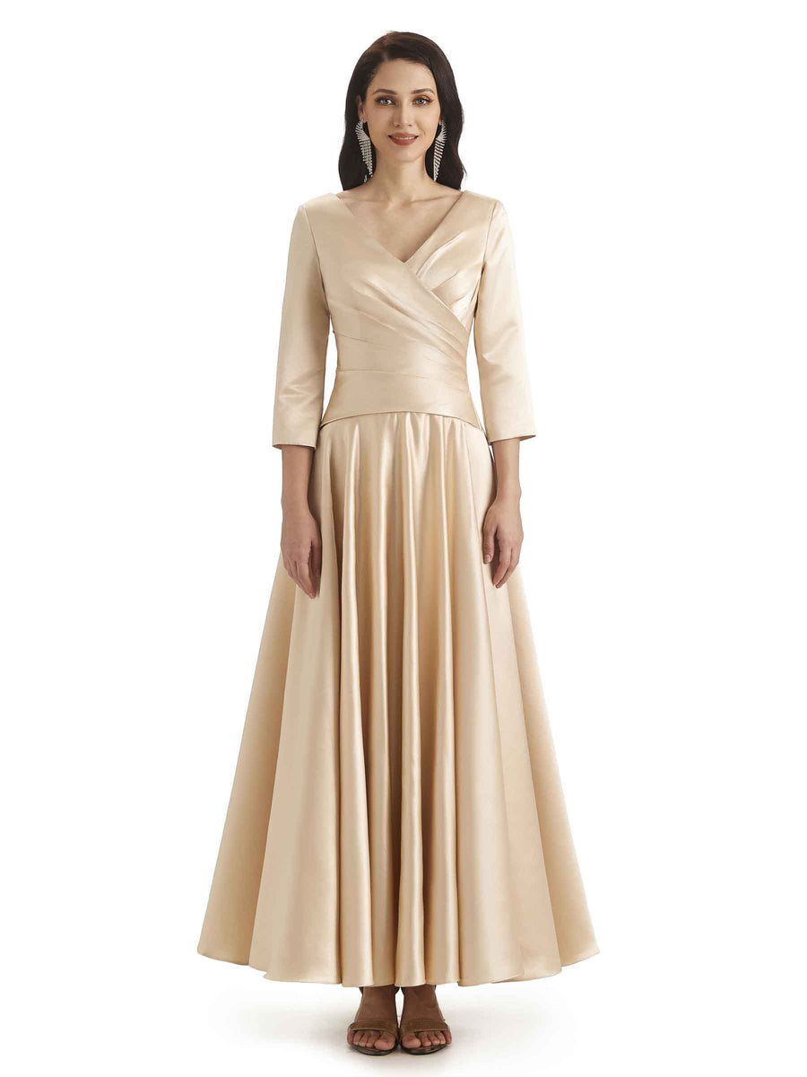 Elegant Soft Satin 3/4 Sleeves V-Neck Ankle Length Mother of The Bride Dresses