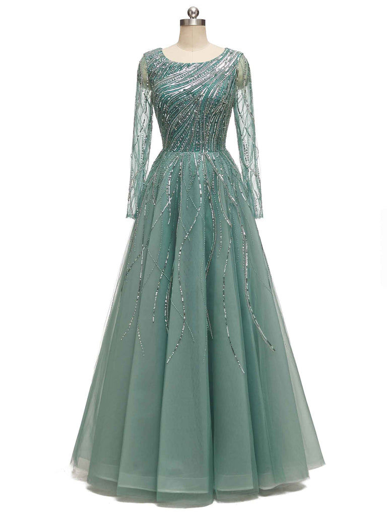 Green A-line Scoop Heavily Beaded Rhinestone Long Sleeves Long Party Prom Dresses Online