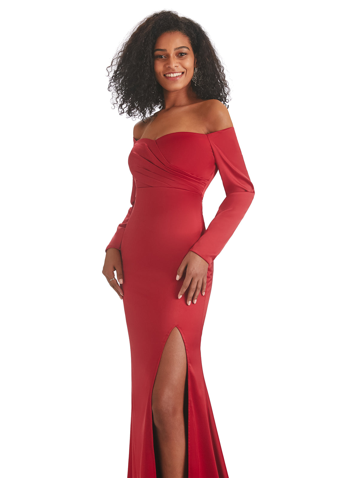 Sexy Mermaid Side Slit Off The Shoulder Long Sleeve Soft Satin Long Bridesmaid Dresses