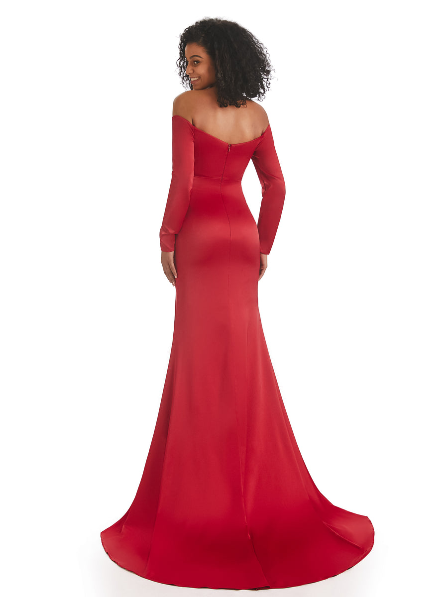 Sexy Mermaid Side Slit Off The Shoulder Long Sleeve Soft Satin Long Bridesmaid Dresses in stock