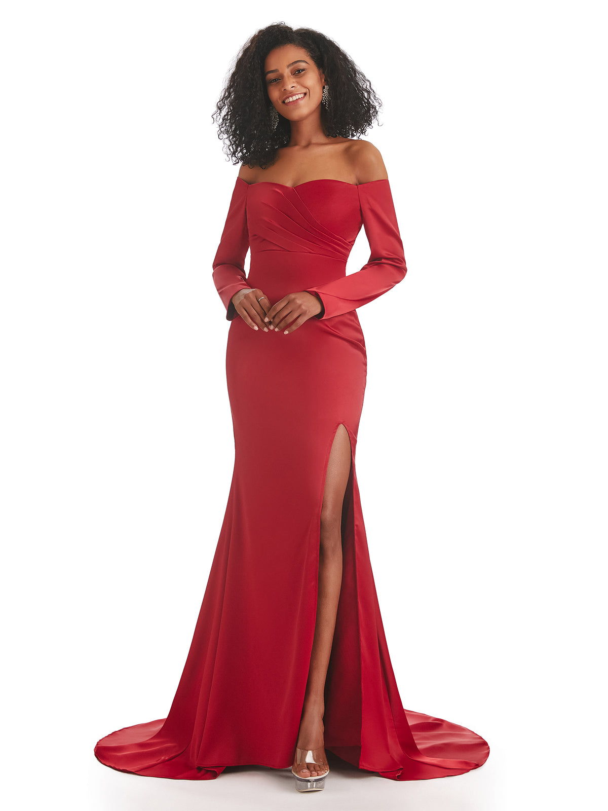 Sexy Mermaid Side Slit Off The Shoulder Long Sleeve Soft Satin Long Bridesmaid Dresses