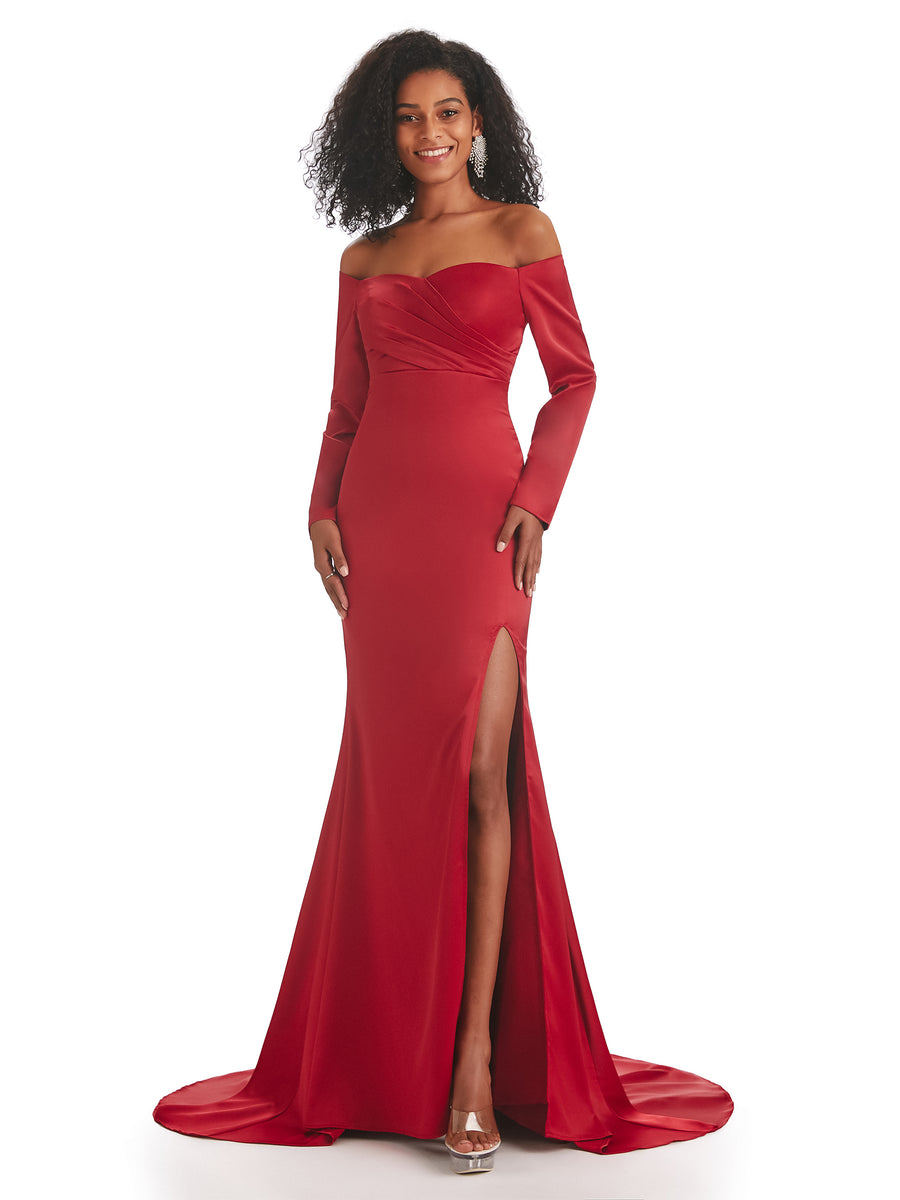 Sexy Mermaid Side Slit Off The Shoulder Long Sleeve Soft Satin Long Bridesmaid Dresses in stock