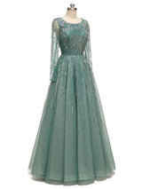 Green A-line Scoop Heavily Beaded Rhinestone Long Sleeves Long Party Prom Dresses Online
