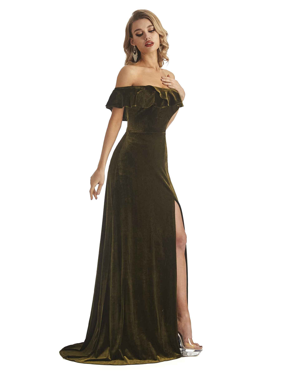 Elegant Sheath Off The Shoulder Velvet Long Wedding Outfits For Women