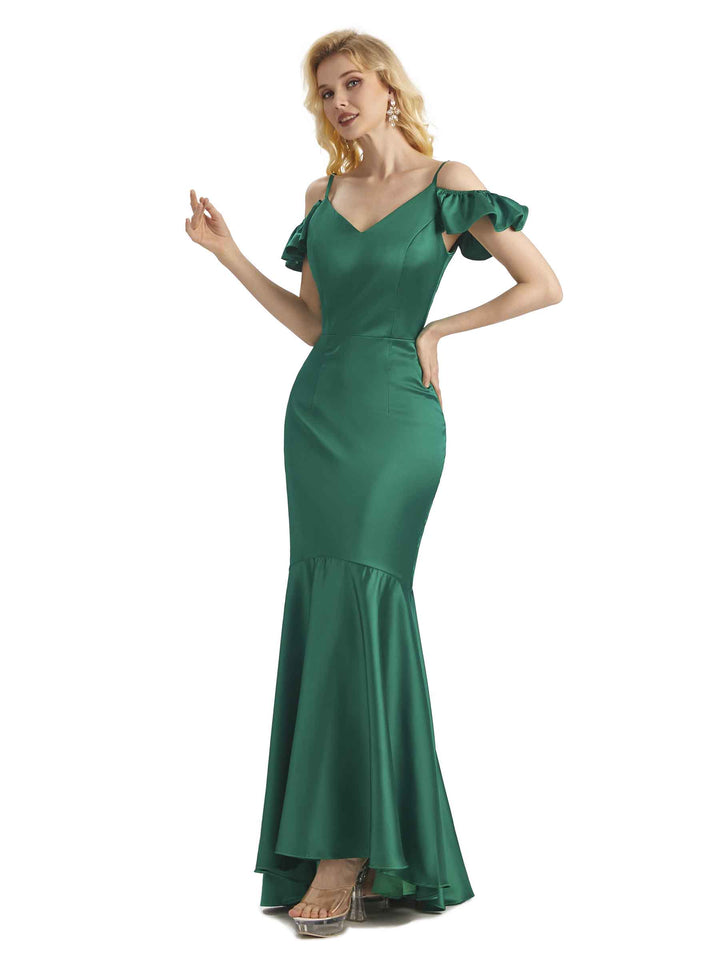 Sexy Soft Satin Cold Shoulder High Low Mermaid Mermaid Bridesmaid Dresses
