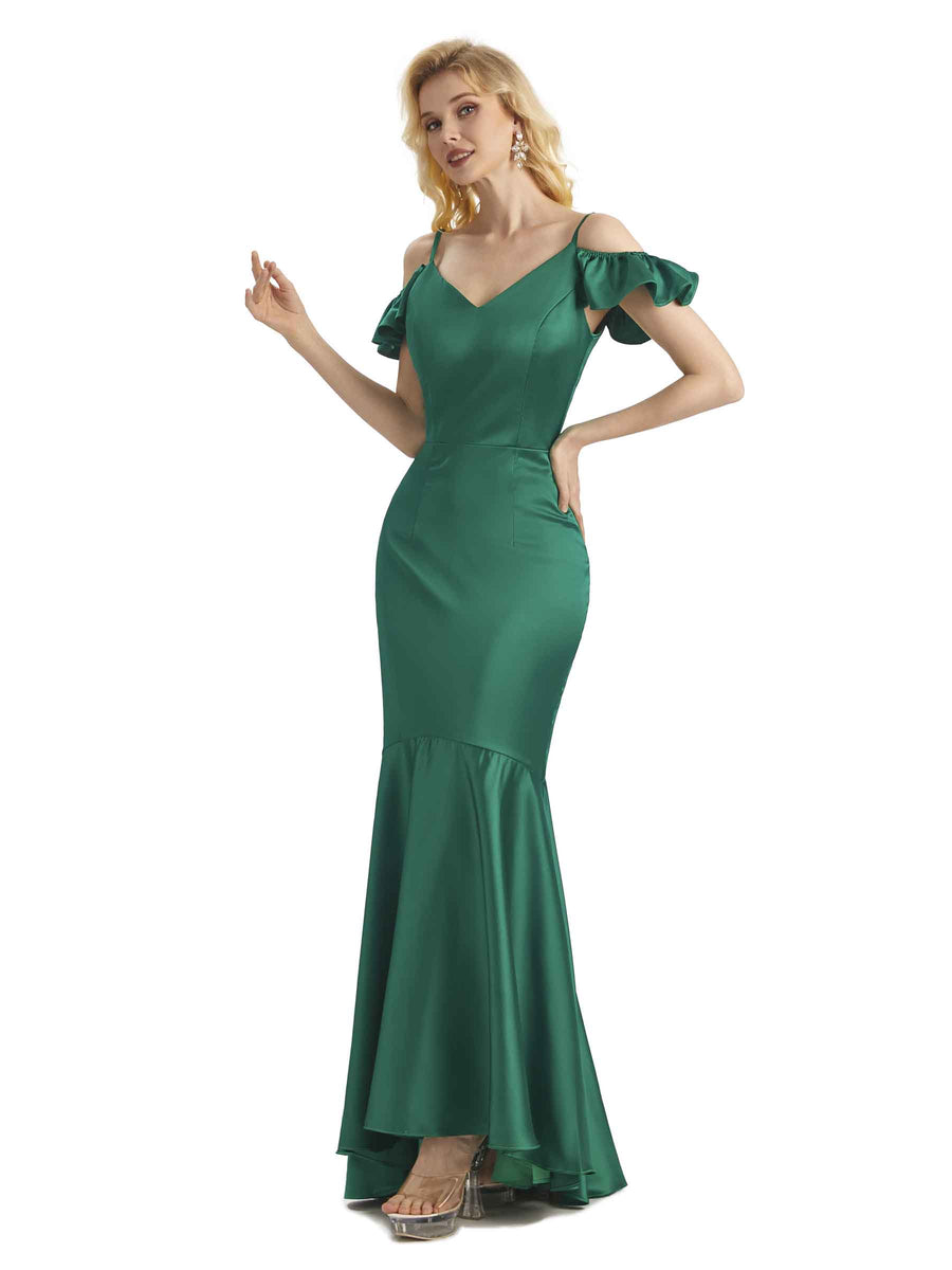 Sexy Soft Satin Cold Shoulder High Low Mermaid Mermaid Bridesmaid Dresses