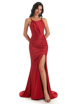 Sexy Soft Satin Spaghetti Straps Side Slit Mermaid Bridesmaid Dresses Gown