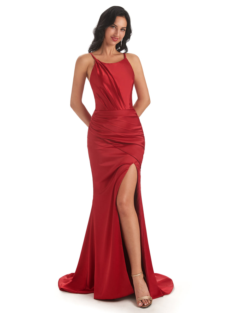 Sexy Soft Satin Spaghetti Straps Side Slit Mermaid Bridesmaid Dresses Gown