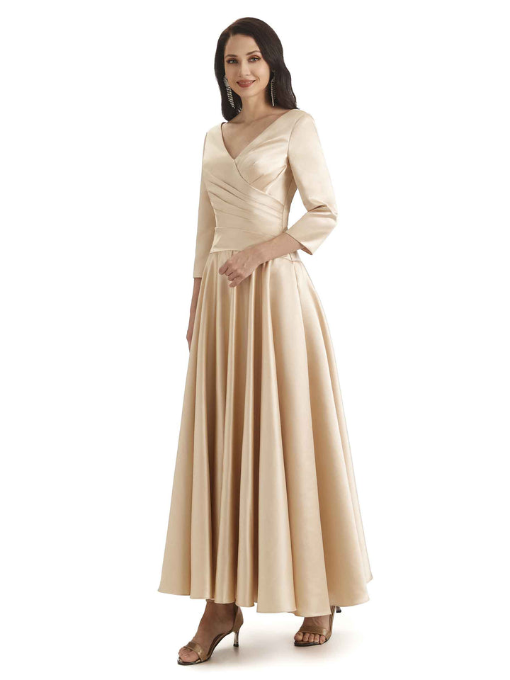 Elegant Soft Satin 3/4 Sleeves V-Neck Ankle Length Mother of The Bride Dresses