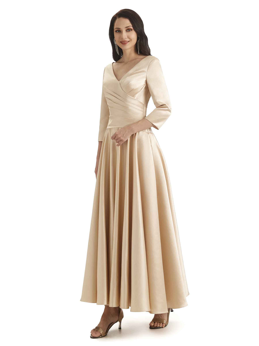Elegant Soft Satin 3/4 Sleeves V-Neck Ankle Length Mother of The Bride Dresses
