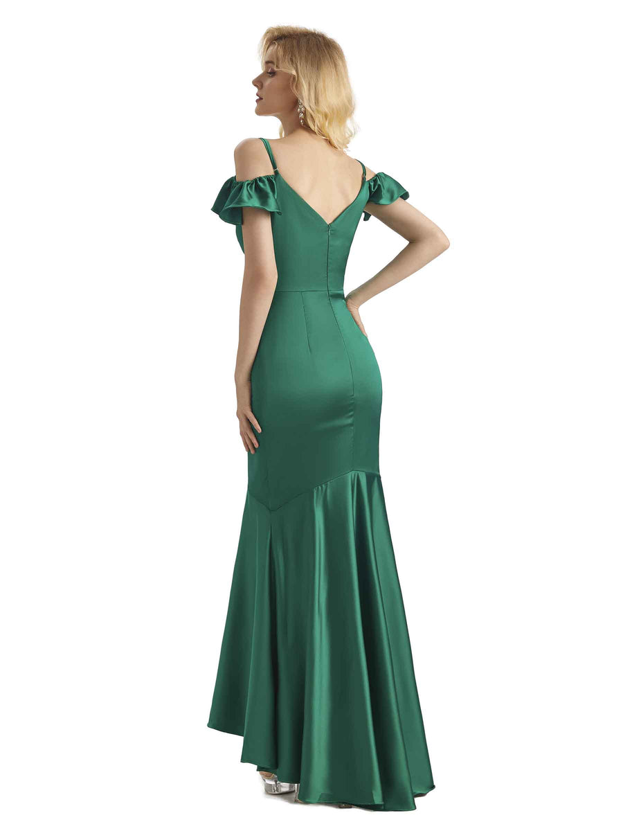 Sexy Soft Satin Cold Shoulder High Low Mermaid Mermaid Bridesmaid Dresses