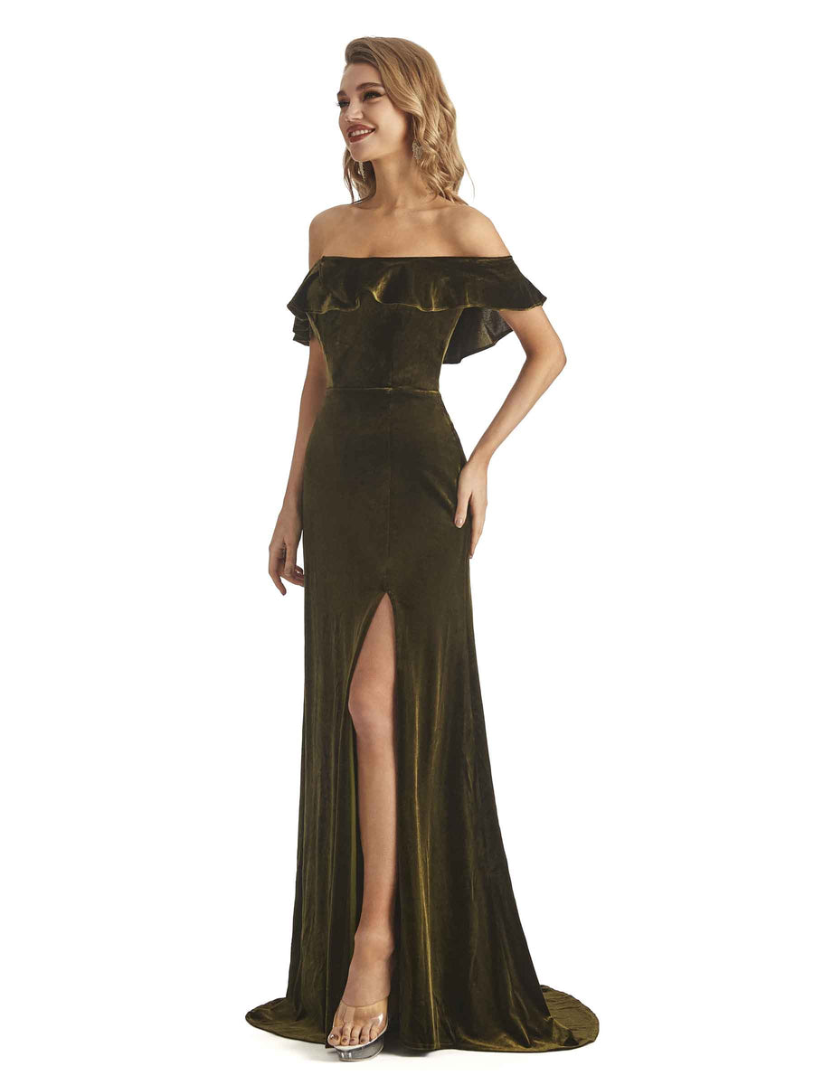 Elegant Sheath Off The Shoulder Velvet Long Wedding Outfits For Women