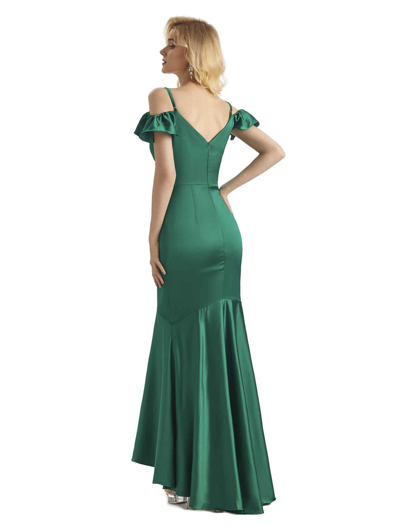 Sexy Soft Satin Cold Shoulder High Low Mermaid Mermaid Formal Prom Dresses