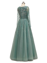 Green A-line Scoop Heavily Beaded Rhinestone Long Sleeves Long Party Prom Dresses Online