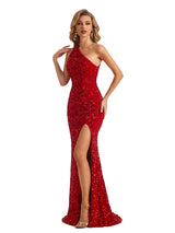 Sexy Mermaid One Shoulder Side Slit Sparkly Long Formal Prom Dresses