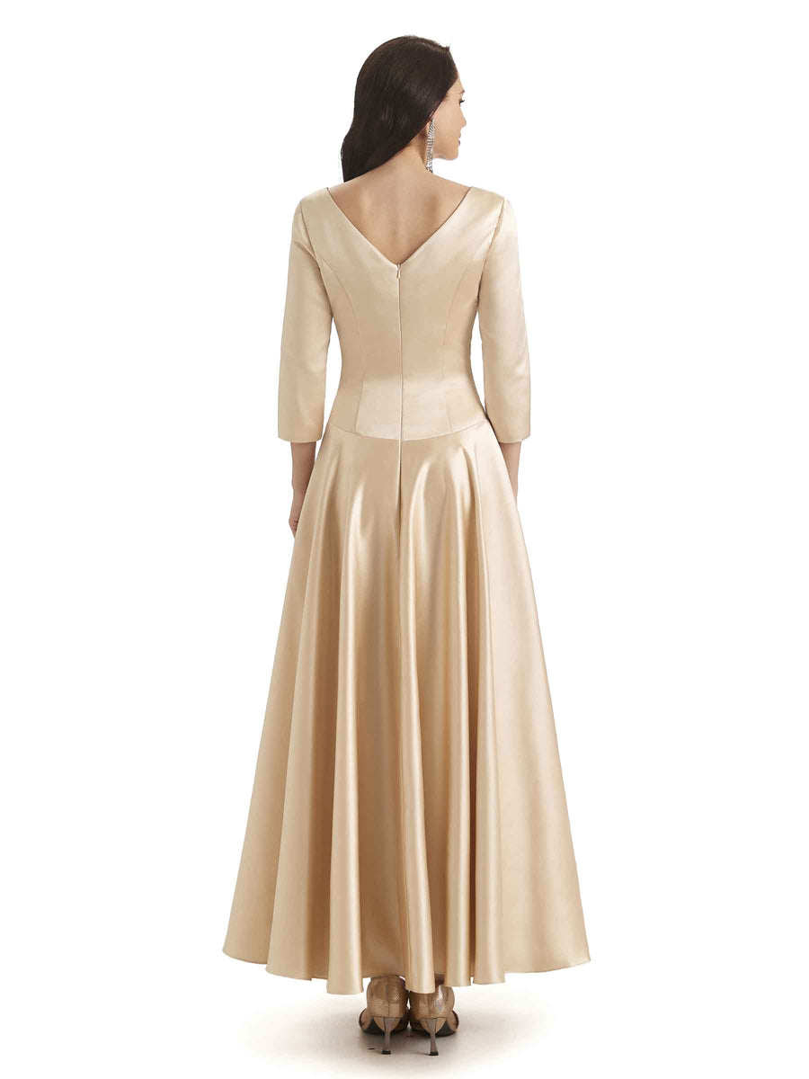 Elegant Soft Satin 3/4 Sleeves V-Neck Ankle Length Mother of The Bride Dresses
