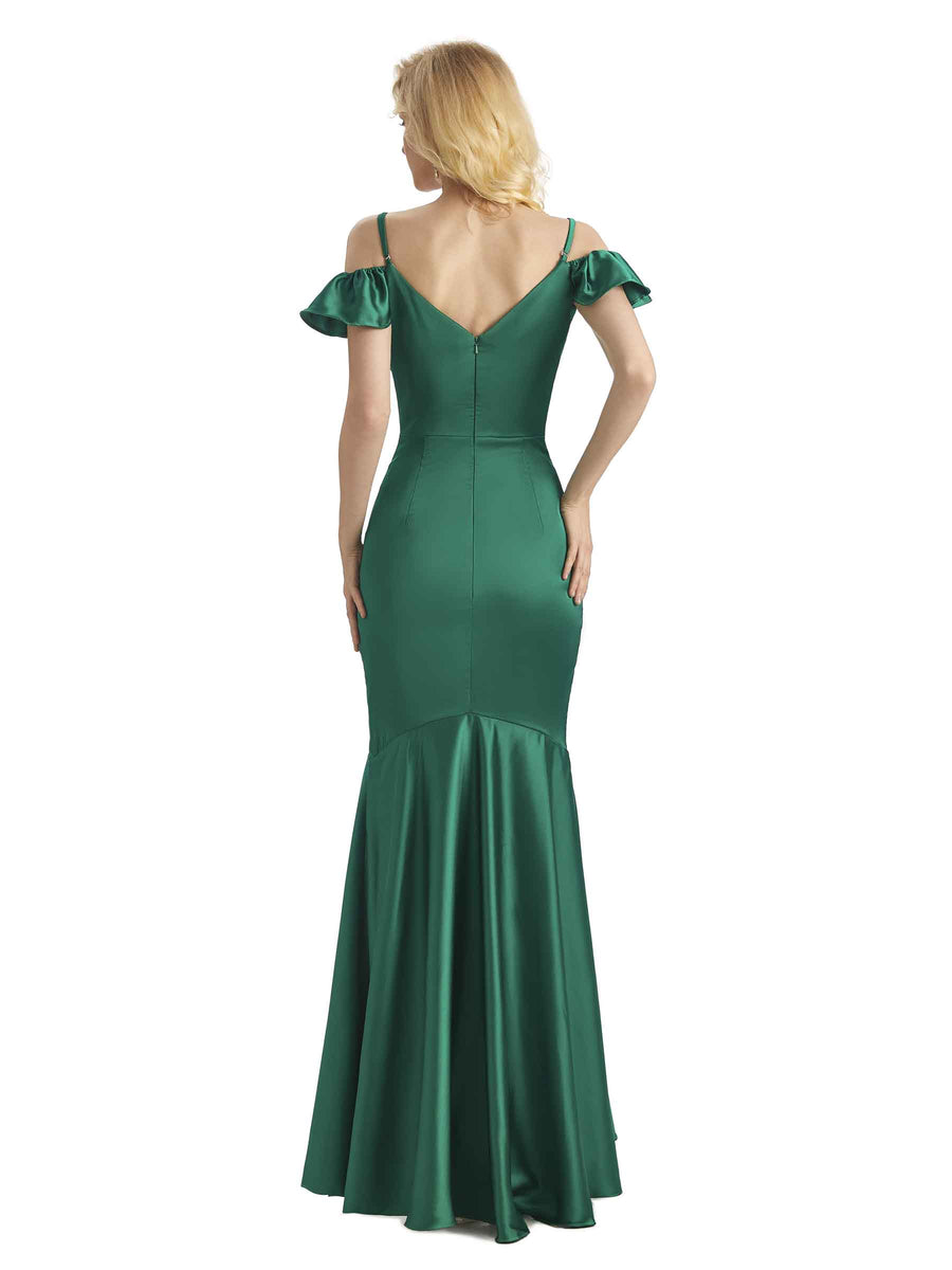Sexy Soft Satin Cold Shoulder High Low Mermaid Mermaid Bridesmaid Dresses