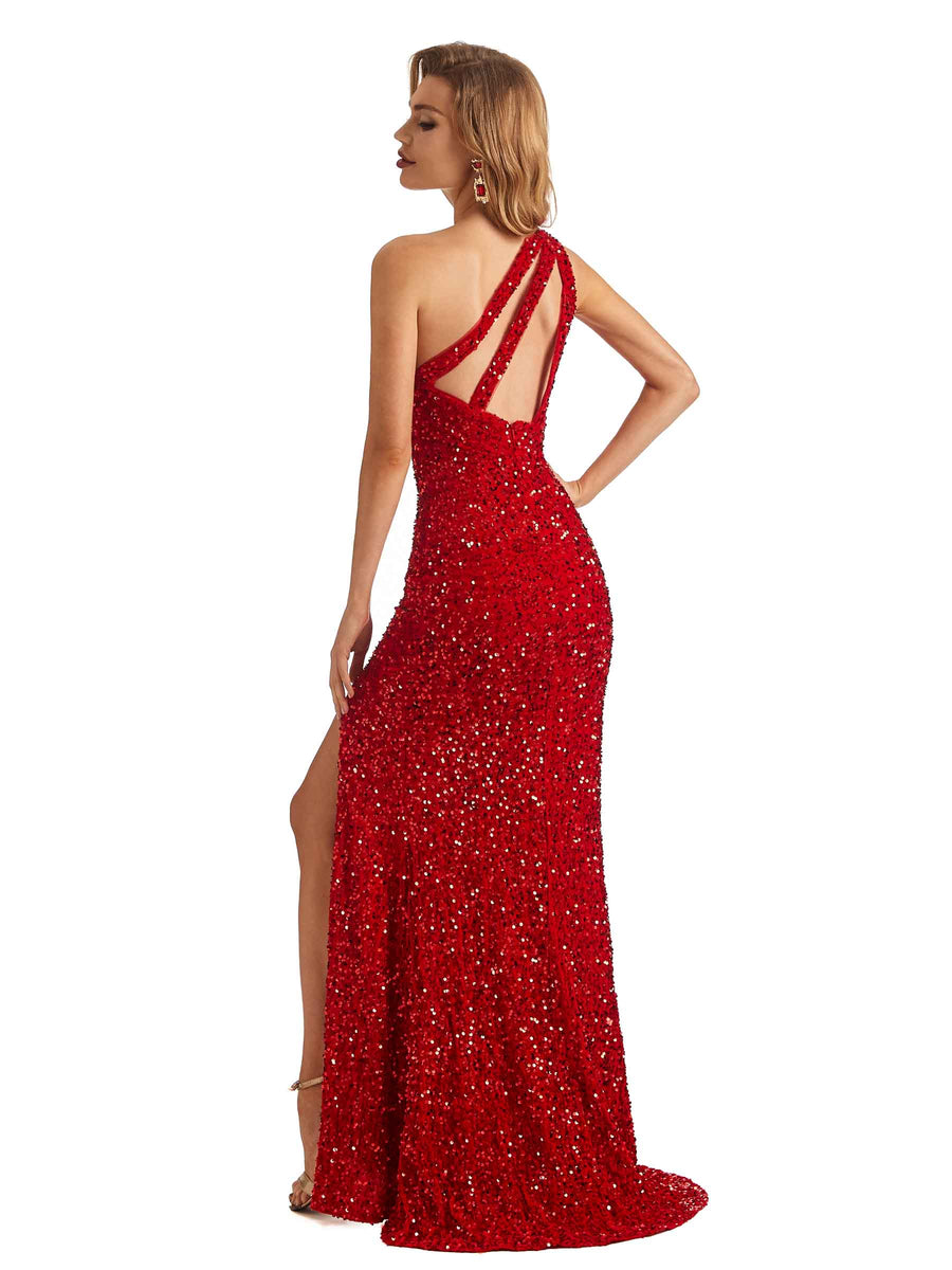 Sexy Mermaid One Shoulder Side Slit Sparkly Long Formal Prom Dresses