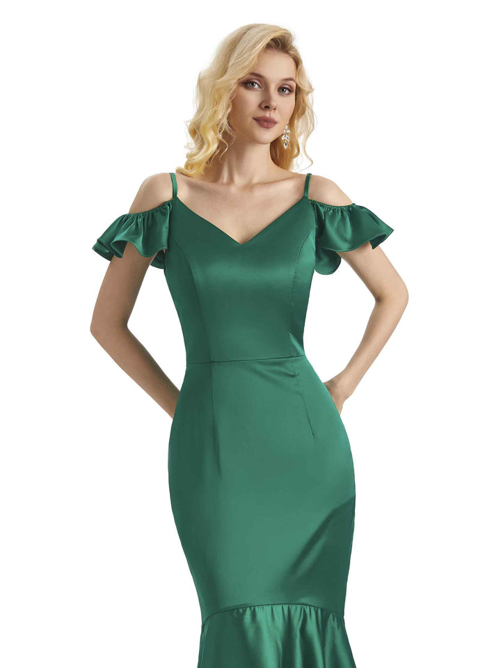 Sexy Soft Satin Cold Shoulder High Low Mermaid Mermaid Bridesmaid Dresses