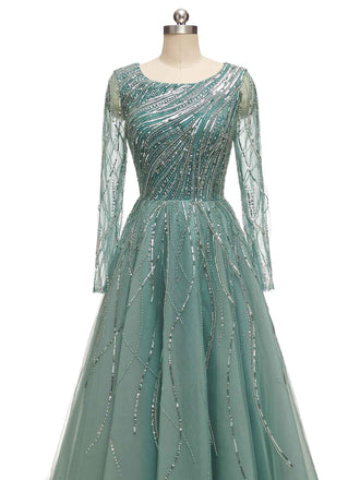 Green A-line Scoop Heavily Beaded Rhinestone Long Sleeves Long Party Prom Dresses Online