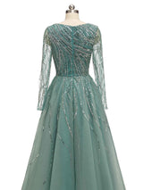 Green A-line Scoop Heavily Beaded Rhinestone Long Sleeves Long Party Prom Dresses Online