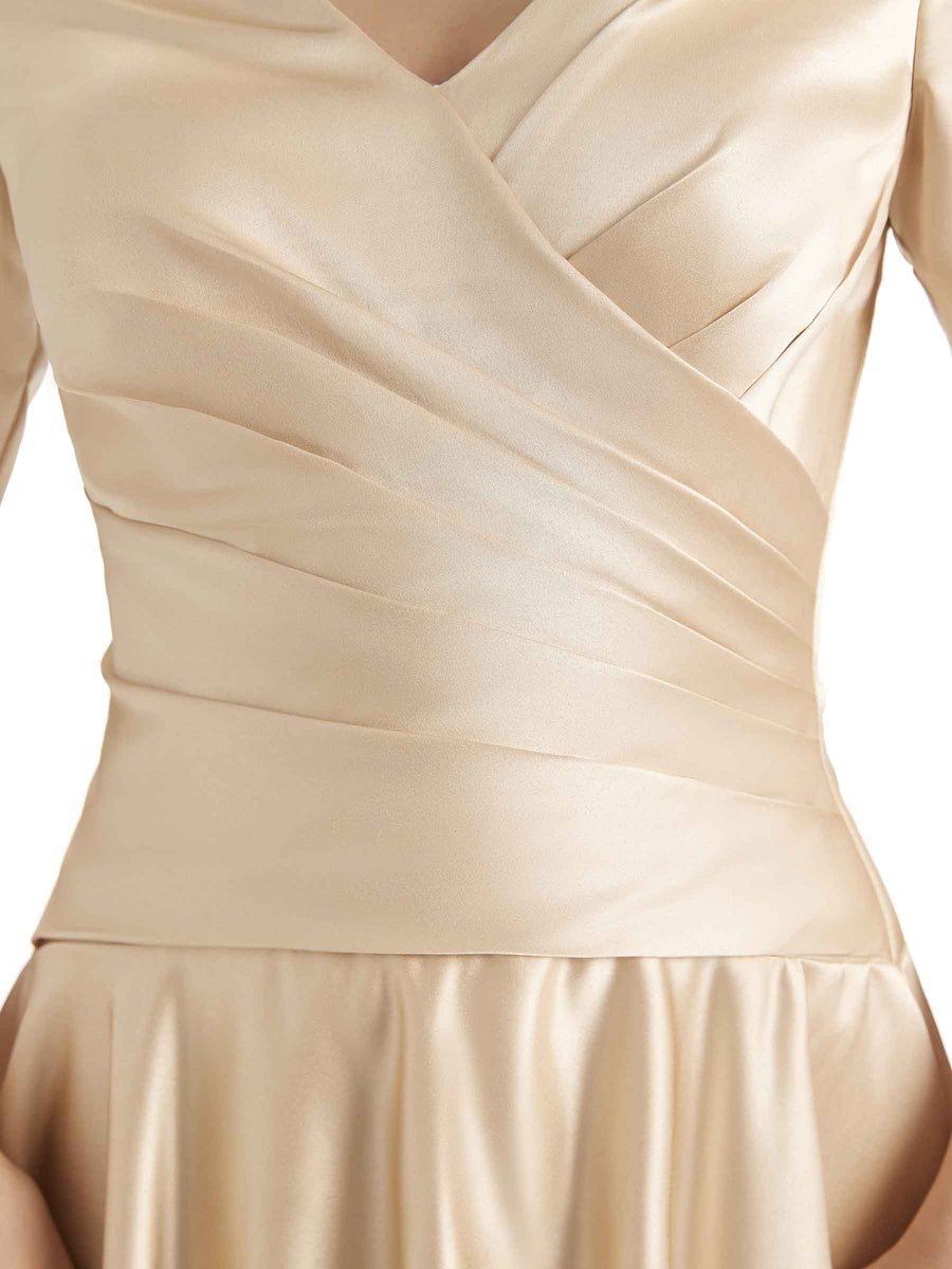 Elegant Soft Satin 3/4 Sleeves V-Neck Ankle Length Mother of The Bride Dresses