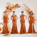 Burnt Orange Sexy Chic Silky Mismatched Satin Mermaid Long Wedding Bridesmaid Dresses Sale