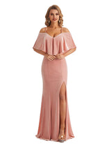 Elegant Mermaid Cold Shoulder Velvet Winter Long Wedding Guest Dresses