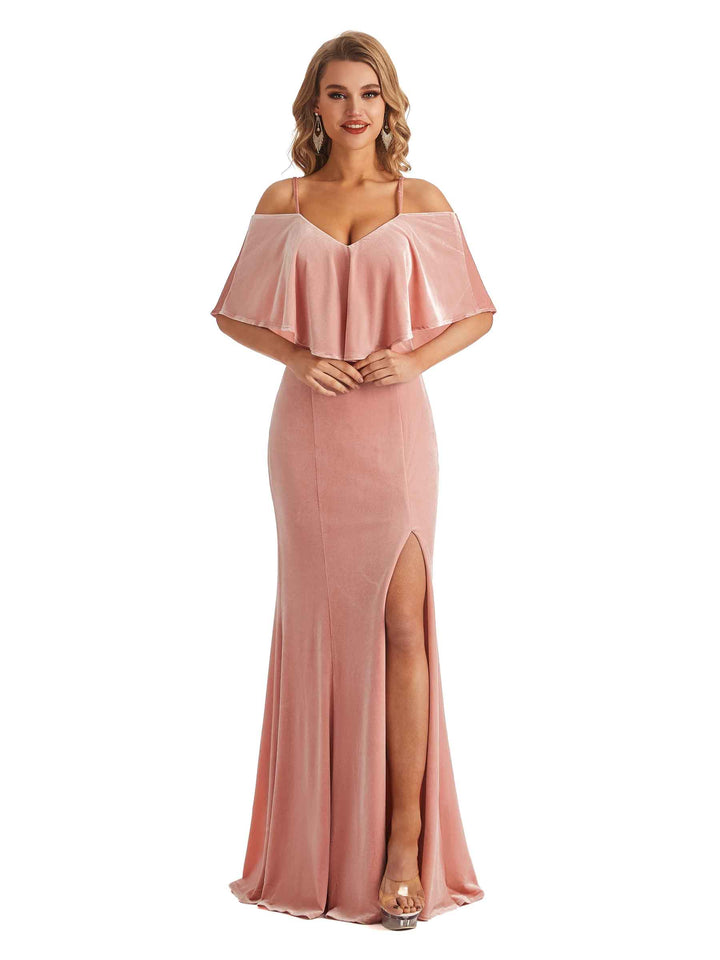 Elegant Mermaid Cold Shoulder Velvet Winter Long Wedding Guest Dresses