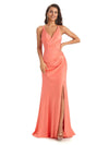 Elegant Soft Satin Side Slit Spaghetti Straps Wrap Long Mermaid Prom Dresses Sale