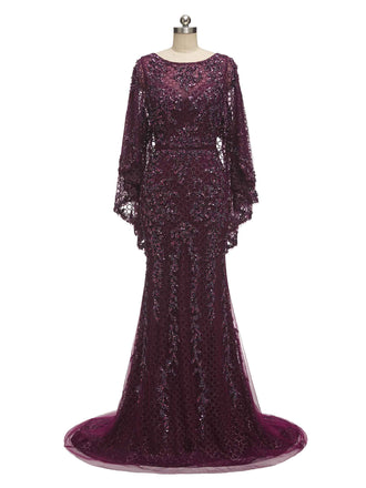 Gorgeous Maroon Mermaid Scoop Long Sleeves Long Evening Prom Dresses